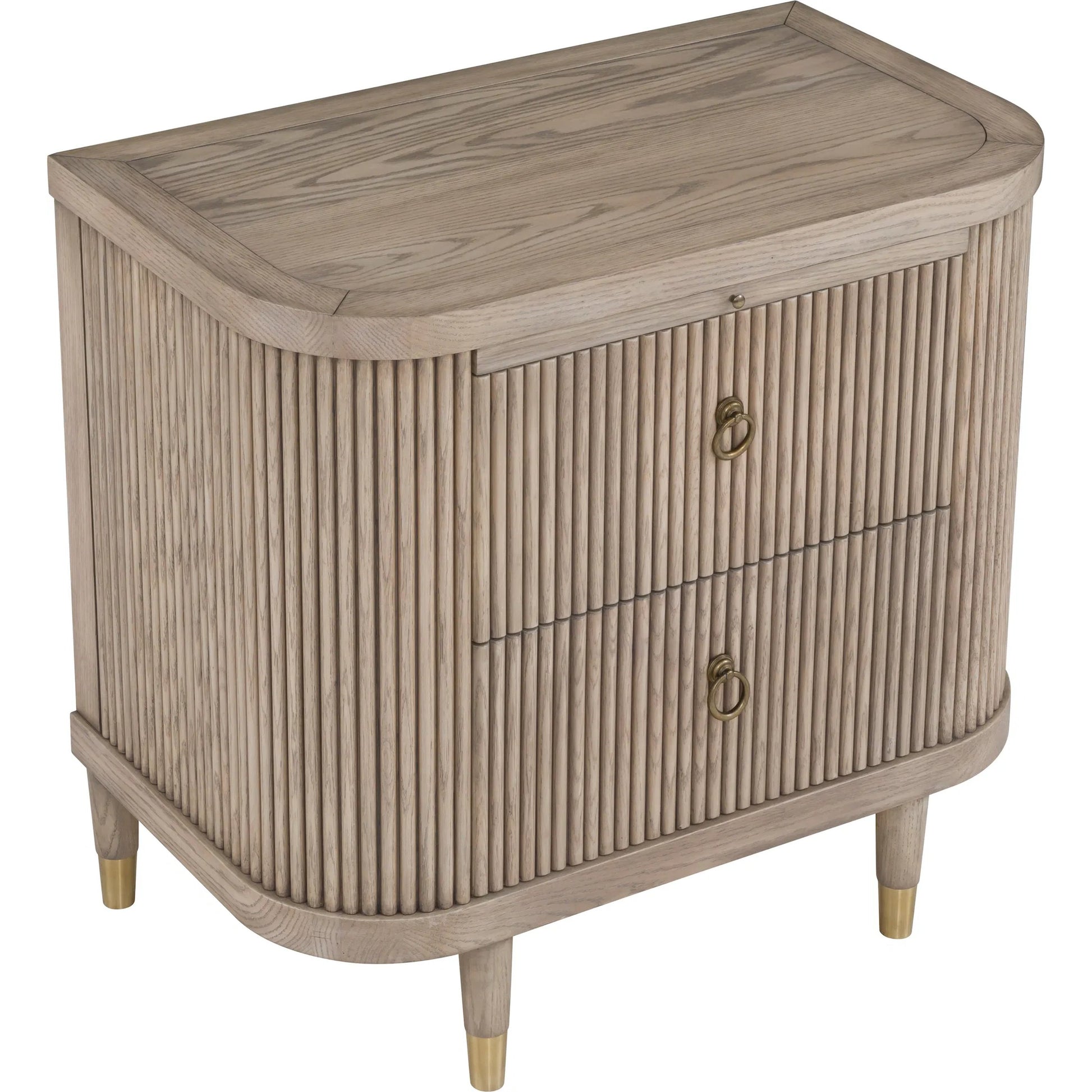 Everett Demilune 2-Drawer Nightstand by Fairfield Chair in brown and biscotti. Made from red oak solids, veneers in a unique style.