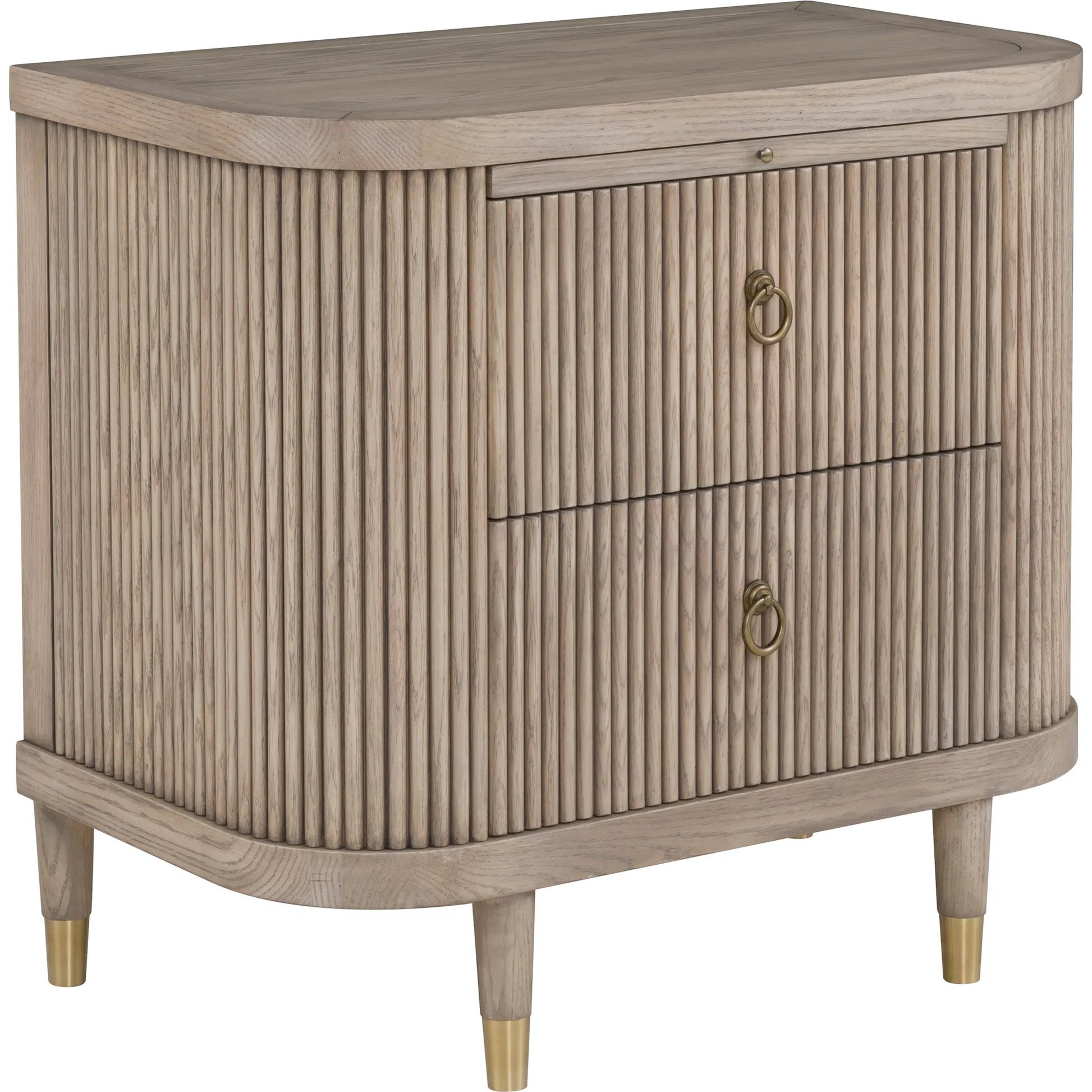 Everett Demilune 2-Drawer Nightstand by Fairfield Chair in brown and biscotti. Made from red oak solids, veneers in a unique style.
