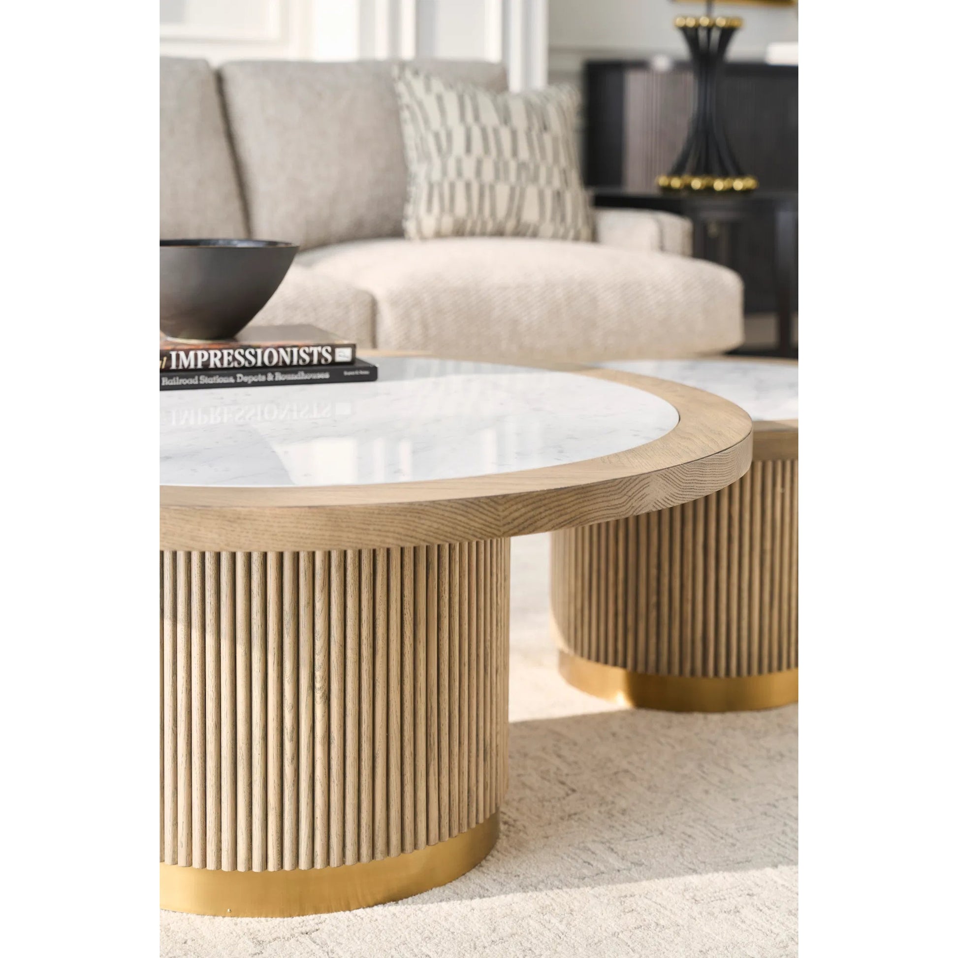 Everett Large Round Bunching Cocktail Table by Fairfield Chair. Made from red oak solids, veneers in a unique style.