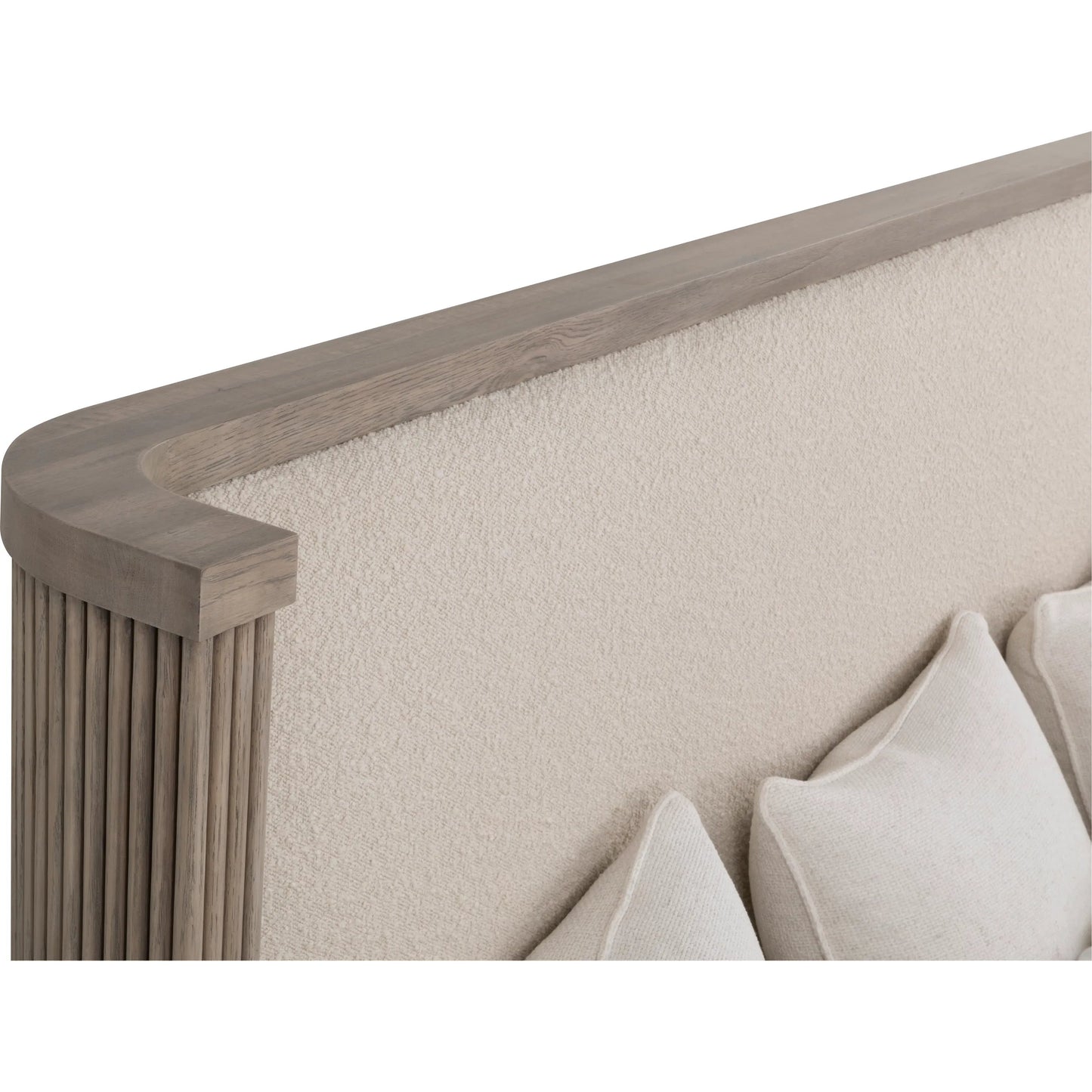 002 SI-2636044 | Closeup | Everett Bed with Upholstered Headboard by Fairfield Chair in brown and biscotti. Made from red oak solids, veneers in a unique style.