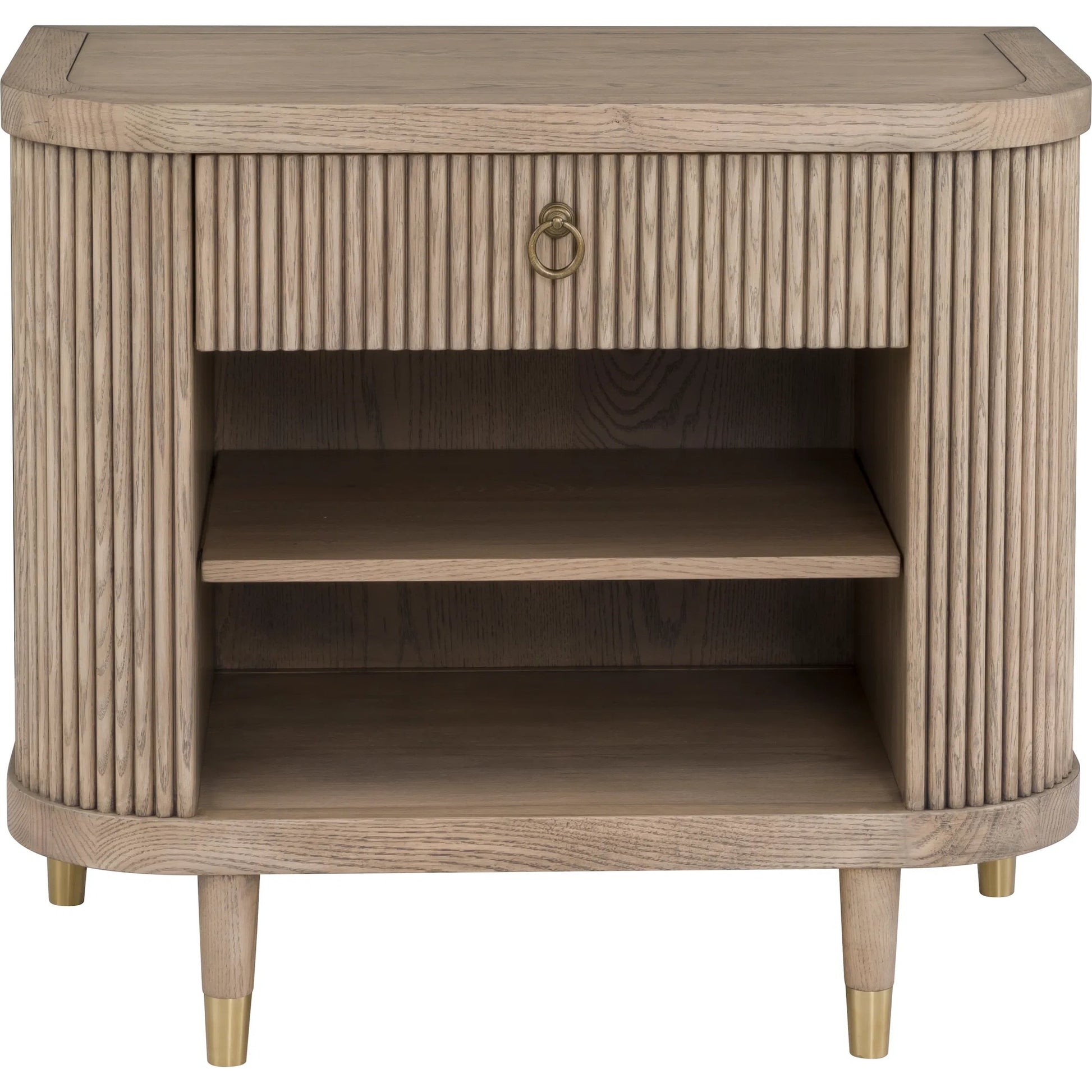 Everett Demilune Nightstand by Fairfield Chair in brown and biscotti. Made from red oak solids, veneers in a unique style.