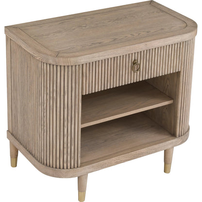 Everett Demilune Nightstand by Fairfield Chair in brown and biscotti. Made from red oak solids, veneers in a unique style.