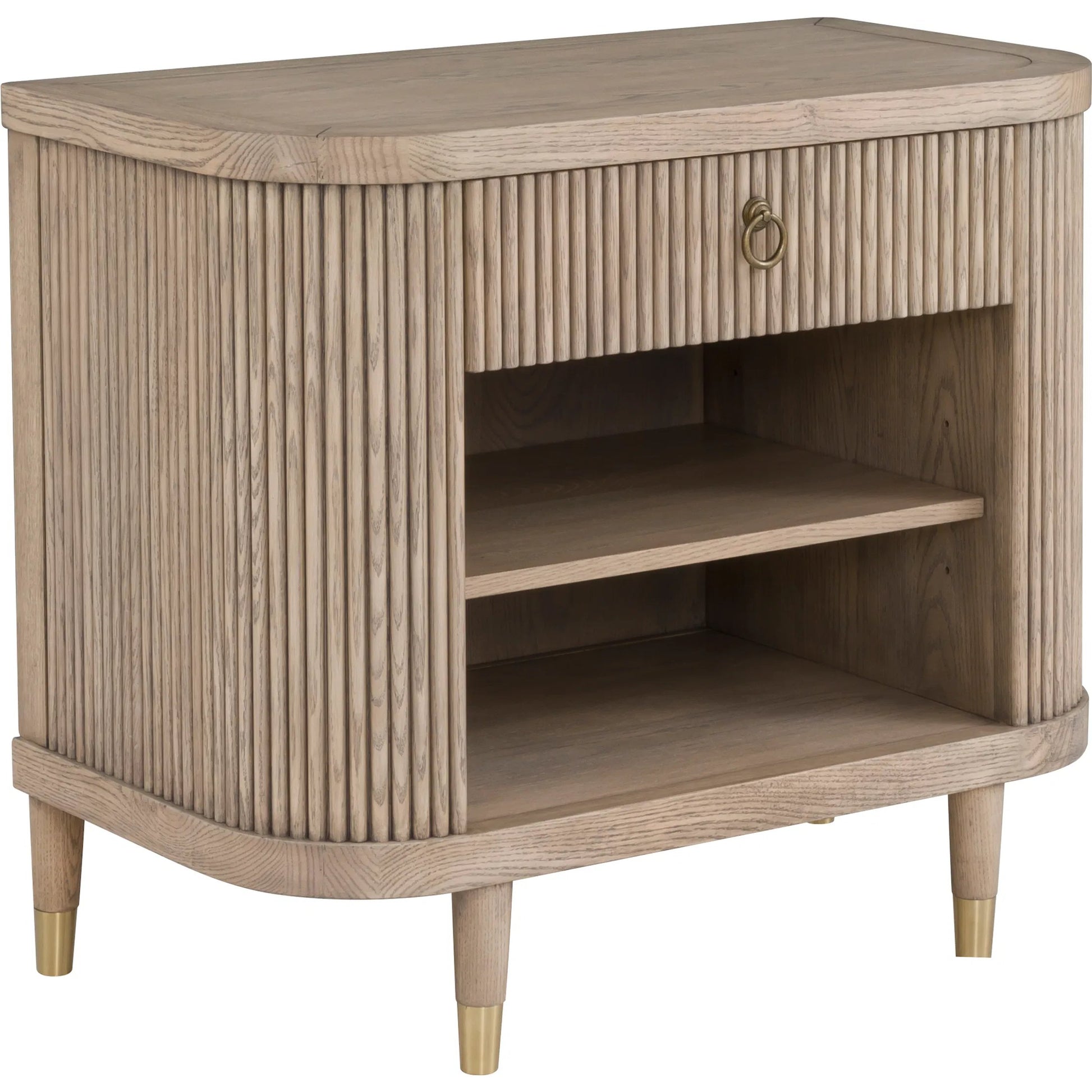 Everett Demilune Nightstand by Fairfield Chair in brown and biscotti. Made from red oak solids, veneers in a unique style.