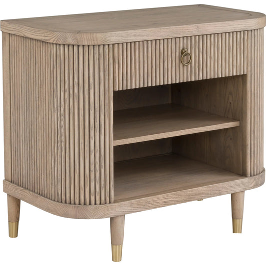 Everett Demilune Nightstand by Fairfield Chair in brown and biscotti. Made from red oak solids, veneers in a unique style.