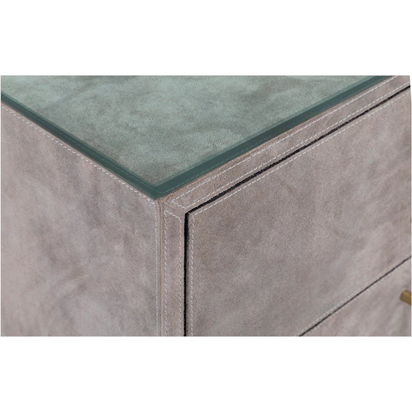005 SI-2635798 | Closeup | Hyde 5-Drawer Chest by Fairfield Chair in tan and distressed cloud. Made from suede wrap in a unique style.
