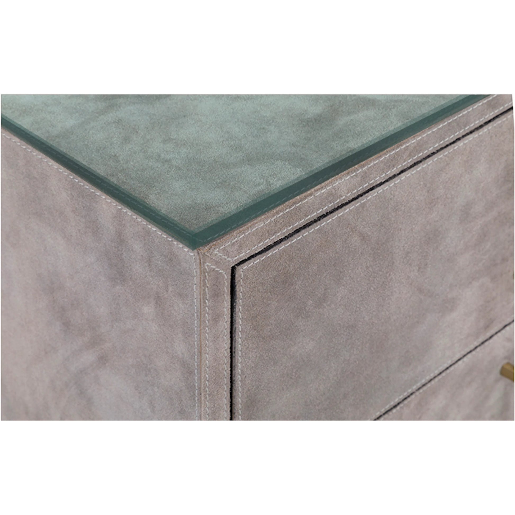 Hyde 5-Drawer Chest by Fairfield Chair in tan and distressed cloud. Made from suede wrap in a unique style.