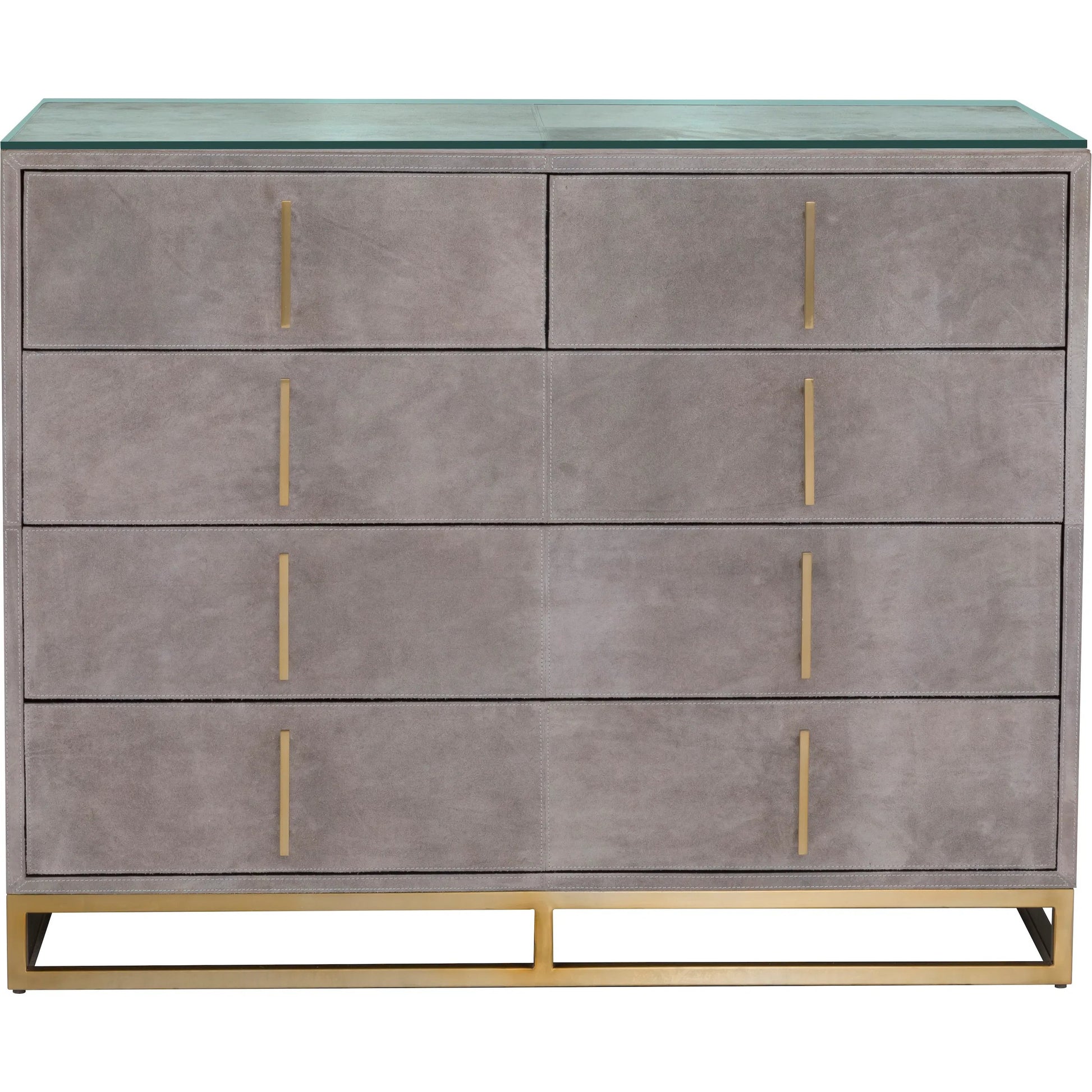 Hyde 5-Drawer Chest by Fairfield Chair in tan and distressed cloud. Made from suede wrap in a unique style.
