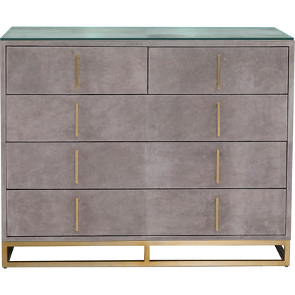 Hyde 5-Drawer Chest by Fairfield Chair in tan and distressed cloud. Made from suede wrap in a unique style.