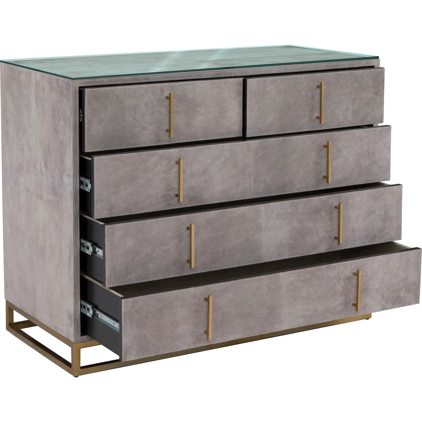 001 SI-2635798 | Additional Silo | Hyde 5-Drawer Chest by Fairfield Chair in tan and distressed cloud. Made from suede wrap in a unique style.