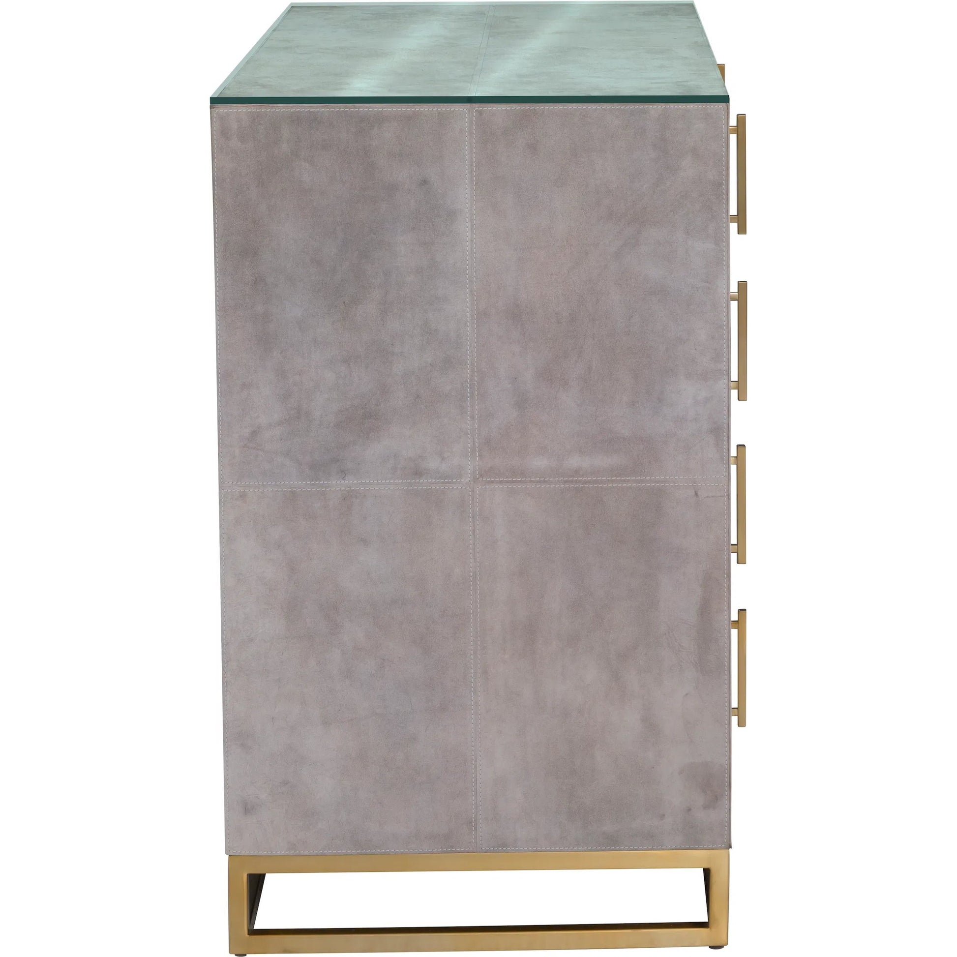 Hyde 5-Drawer Chest by Fairfield Chair in tan and distressed cloud. Made from suede wrap in a unique style.