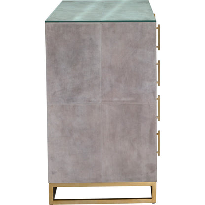 Hyde 5-Drawer Chest by Fairfield Chair in tan and distressed cloud. Made from suede wrap in a unique style.