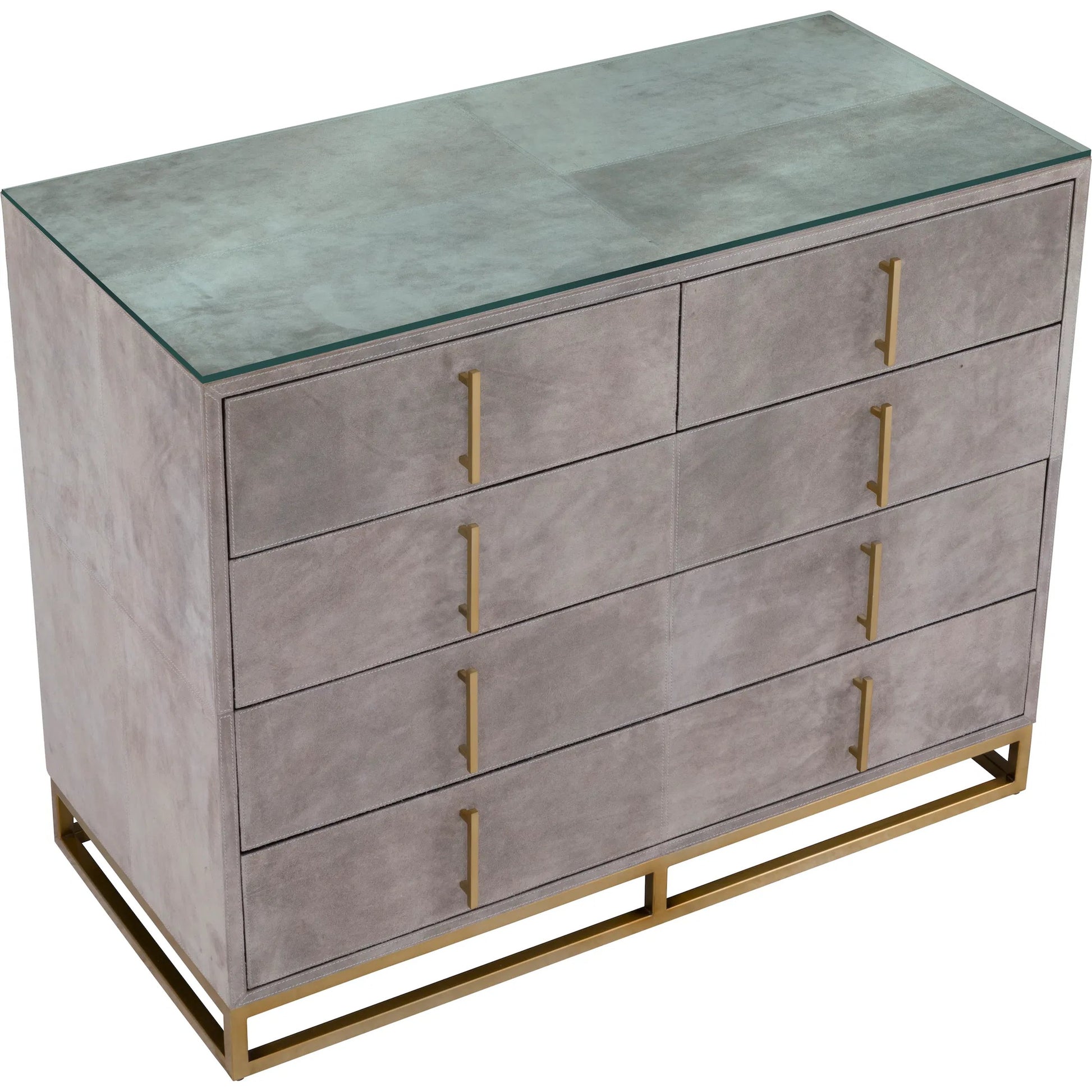 Hyde 5-Drawer Chest by Fairfield Chair in tan and distressed cloud. Made from suede wrap in a unique style.