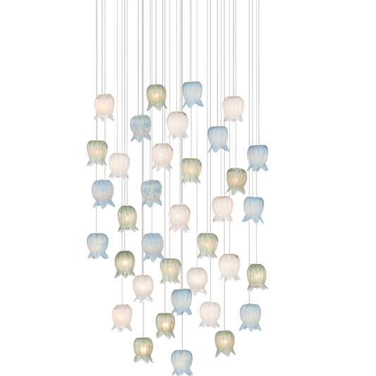 Polpo Misto 36-Light Multi-Drop Pendant by Currey and Company in blue, green, white, silver. Made from art glass, metal in a modern style.