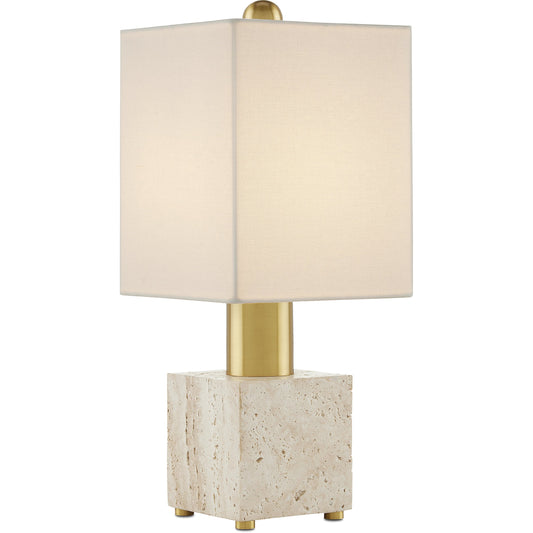 Gentini Table Lamp by Currey and Company in beige, antique brass. Made from travertine, metal in a modern style.