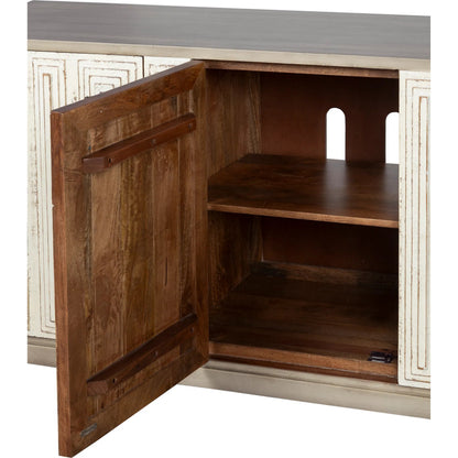 Juniper Credenza by Fairfield Chair in light brown and distressed cloud. Made from mango solids in a unique style.