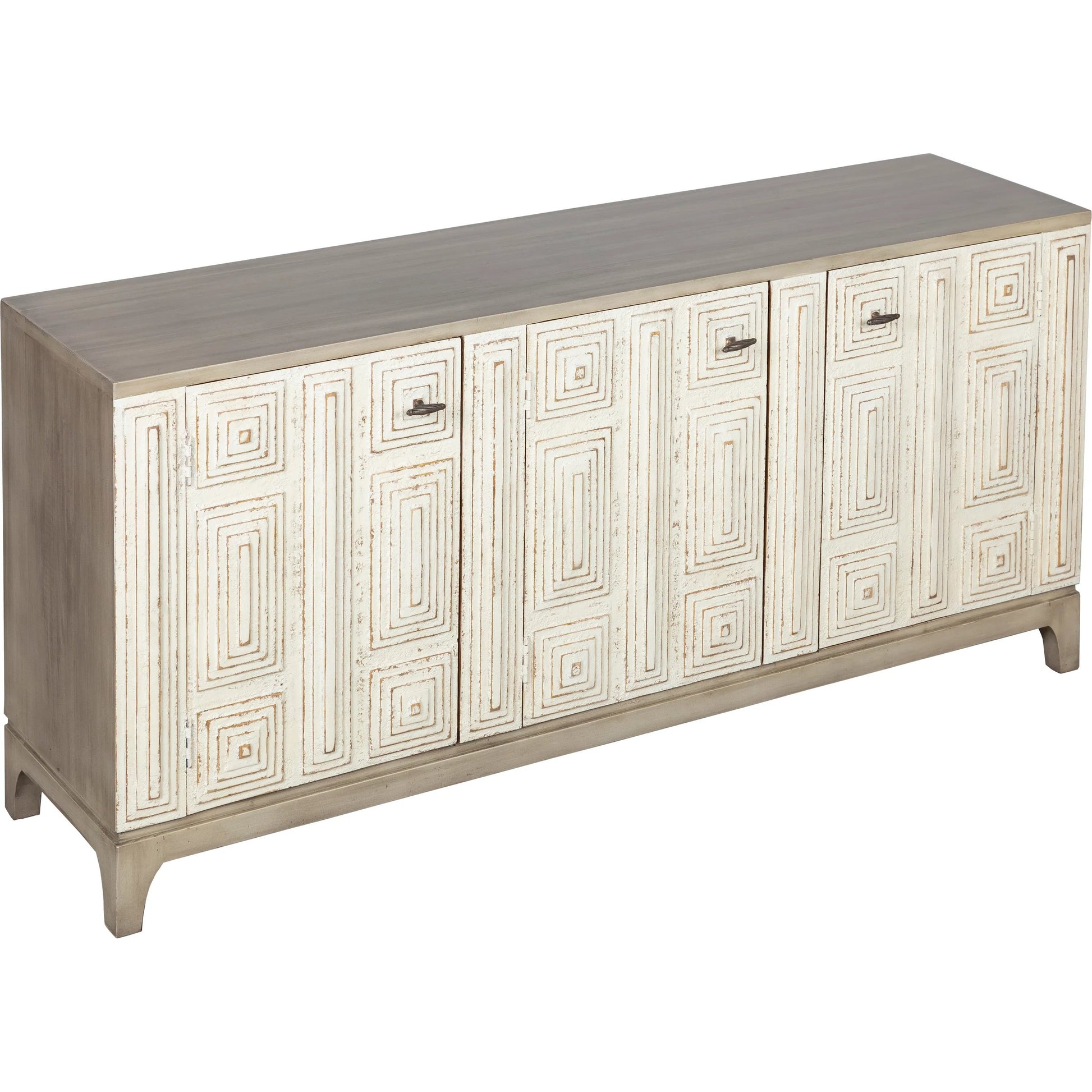 Juniper Credenza by Fairfield Chair in light brown and distressed cloud. Made from mango solids in a unique style.