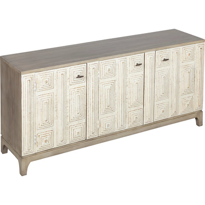 Juniper Credenza by Fairfield Chair in light brown and distressed cloud. Made from mango solids in a unique style.
