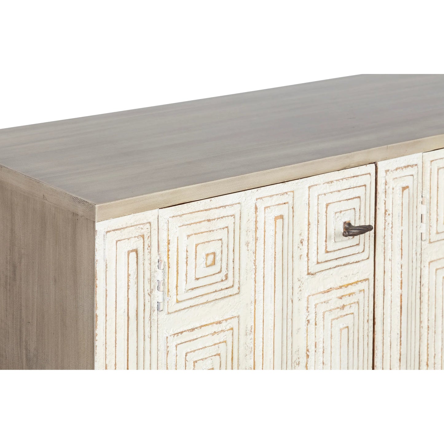 007 SI-2635809 | Closeup | Juniper Credenza by Fairfield Chair in light brown and distressed cloud. Made from mango solids in a unique style.