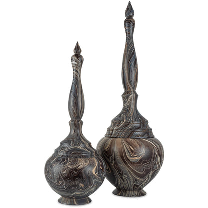 Short Turret Box by Currey and Company in marbleized brown. Made from wood in a unique style.