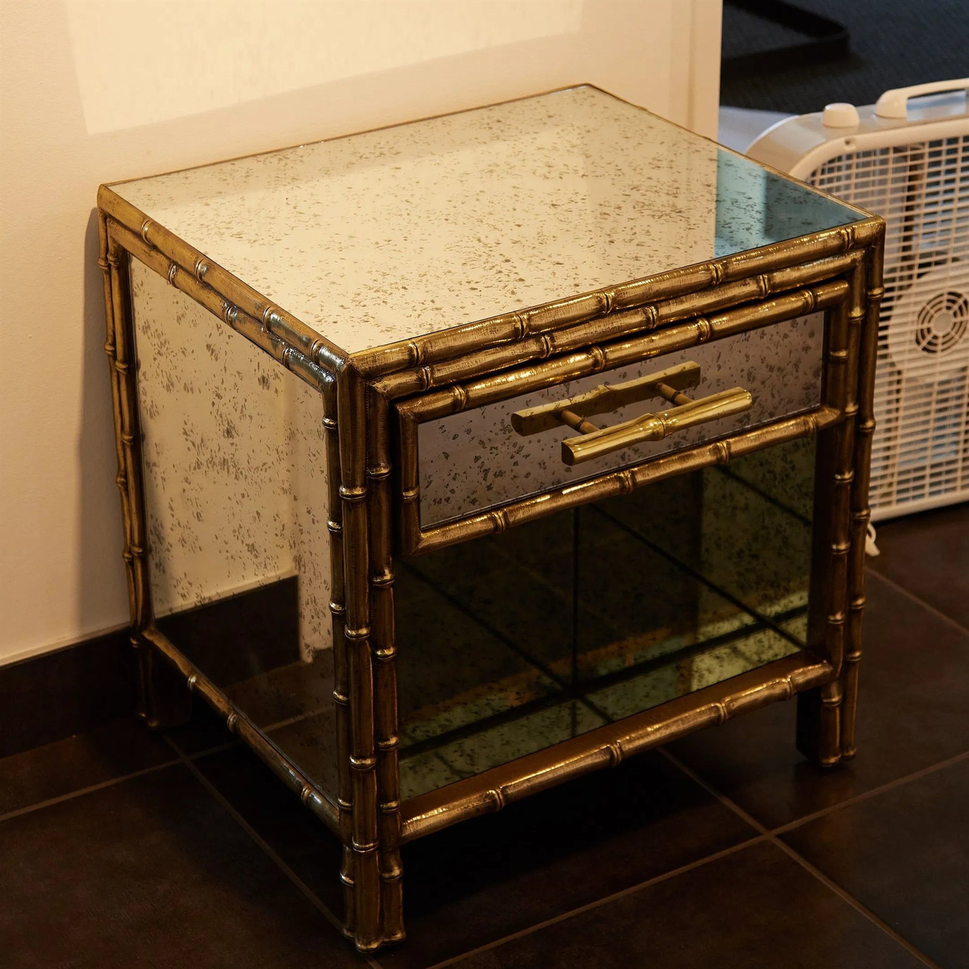 Bamboo Bedside Chest by Global Views. Made from mango wood, mdf, brass in a rustic style.