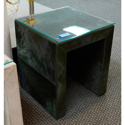 Posh Side Table by Global Views in hair. Made from mdf, hair on leather, brass, tempered glass in a unique style.