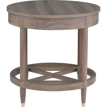 Freya Laminate Round End Table by Fairfield Chair in tan and light oak. Made from high pressure laminate in a unique style.