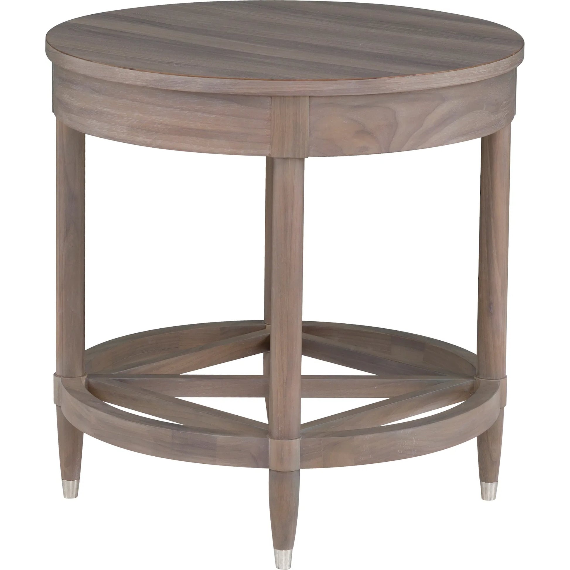 Freya Laminate Round End Table by Fairfield Chair in tan and light oak. Made from high pressure laminate in a unique style.