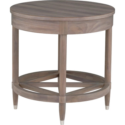 Freya Laminate Round End Table by Fairfield Chair in tan and light oak. Made from high pressure laminate in a unique style.
