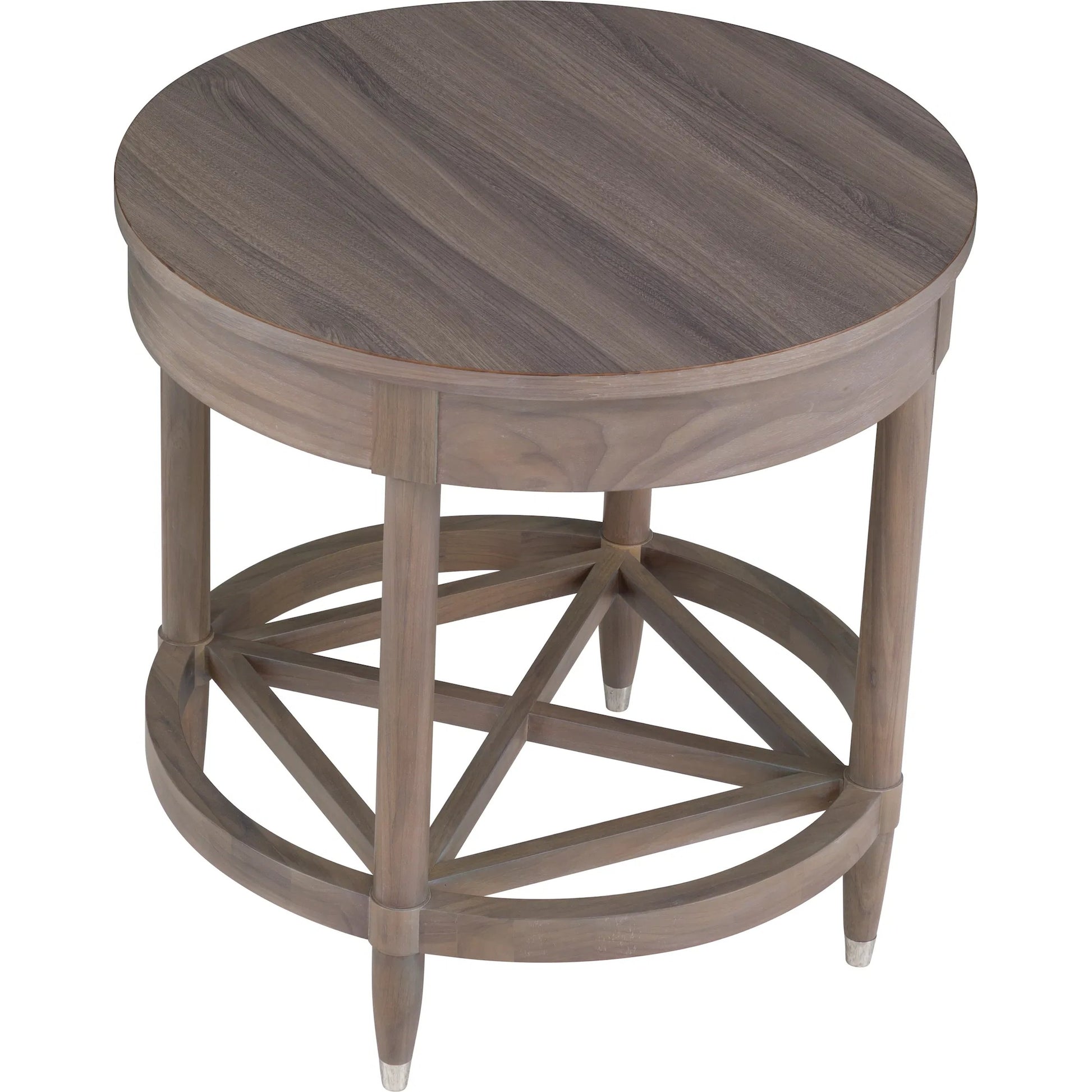 Freya Laminate Round End Table by Fairfield Chair in tan and light oak. Made from high pressure laminate in a unique style.