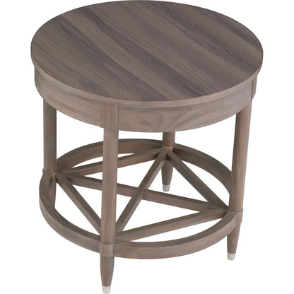 Freya Laminate Round End Table by Fairfield Chair in tan and light oak. Made from high pressure laminate in a unique style.