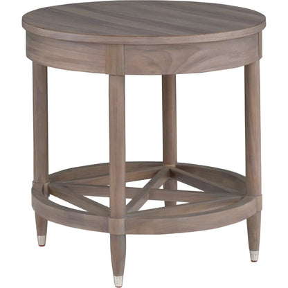 Freya Laminate Round End Table by Fairfield Chair in tan and light oak. Made from high pressure laminate in a unique style.