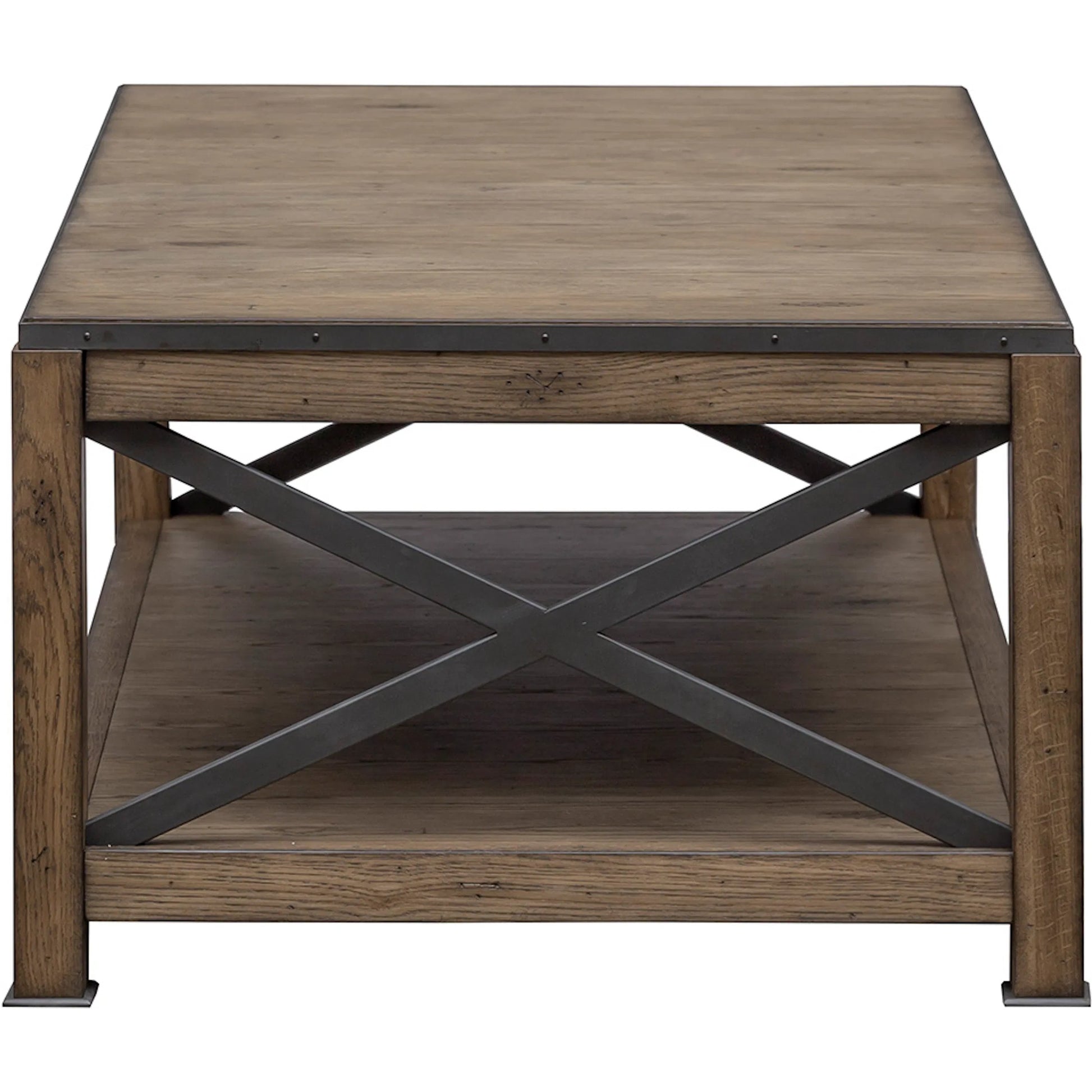 Arcadian Rectangular Cocktail Table by Fairfield Chair in brown and burnished oak. Made from white oak solids, veneers, metal in a unique style.