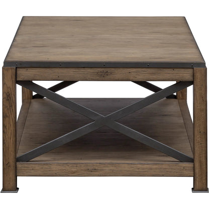 Arcadian Rectangular Cocktail Table by Fairfield Chair in brown and burnished oak. Made from white oak solids, veneers, metal in a unique style.