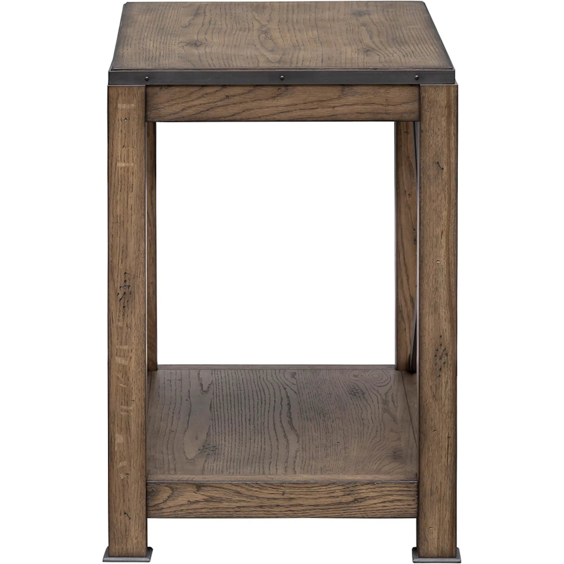 Arcadian Rectangular End Table by Fairfield Chair in brown and burnished oak. Made from white oak solids, veneers, metal in a unique style.