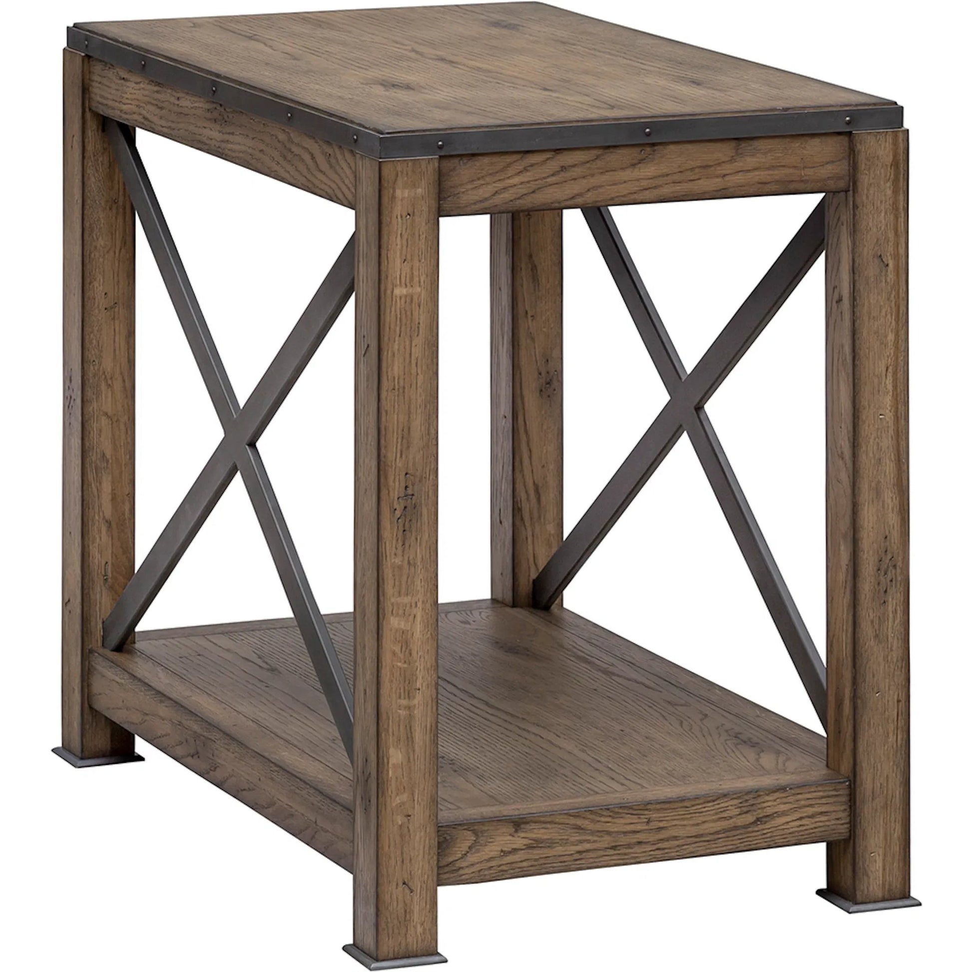 Arcadian Rectangular End Table by Fairfield Chair in brown and burnished oak. Made from white oak solids, veneers, metal in a unique style.