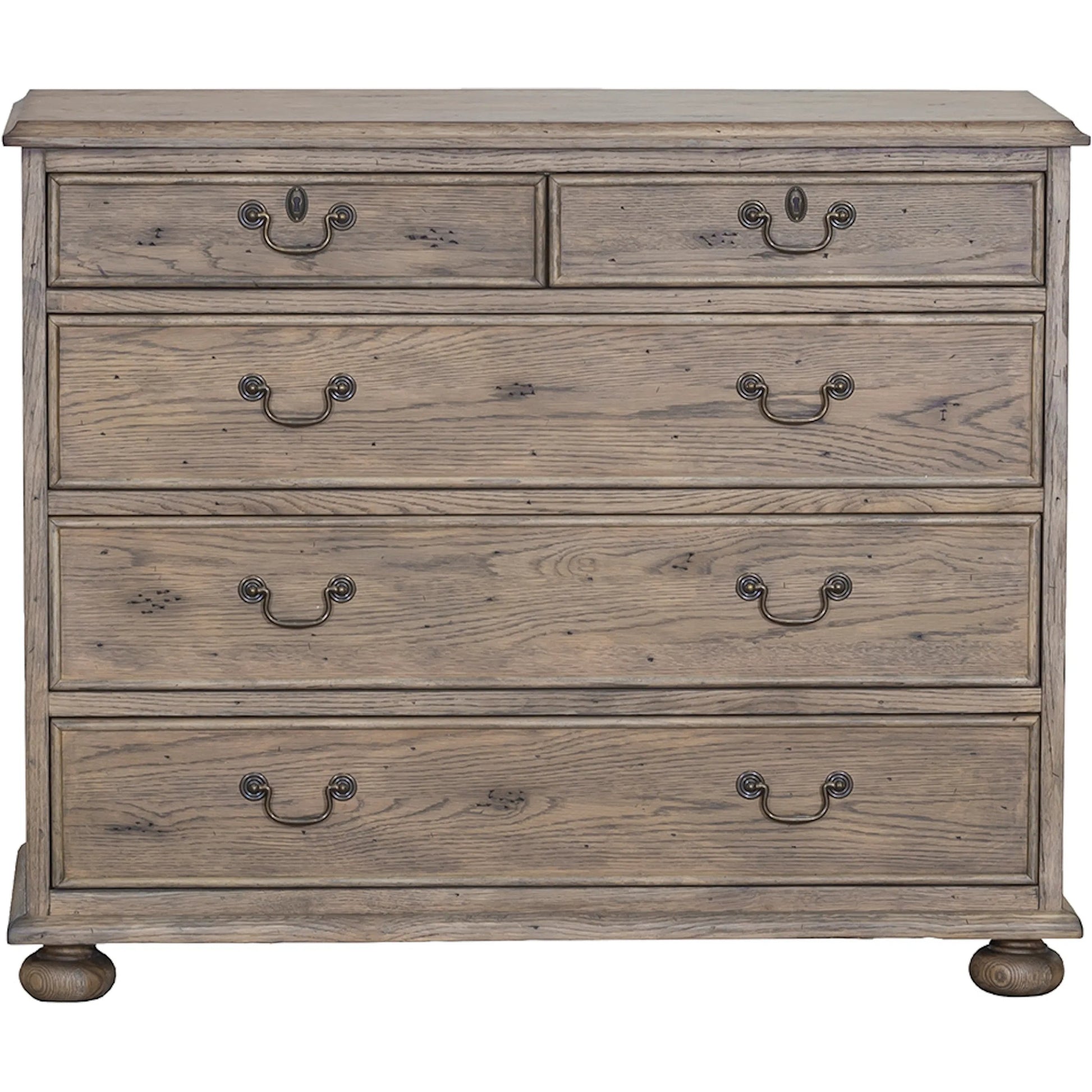 Arcadian 5-Drawer Chest by Fairfield Chair in brown and burnished oak. Made from white oak solids, veneers in a unique style.