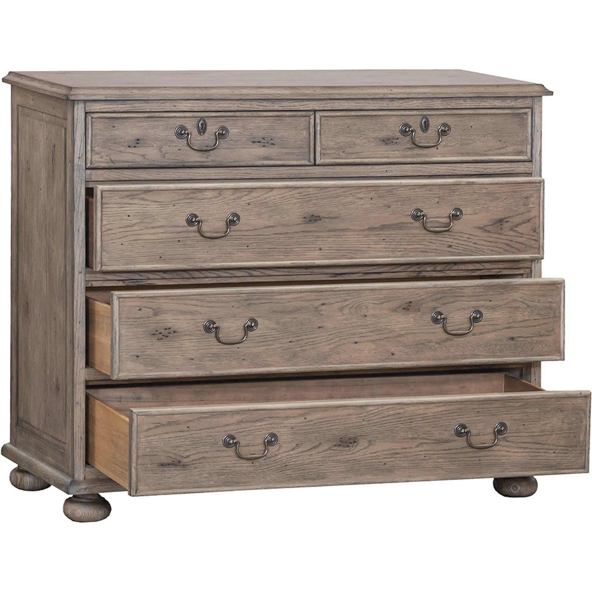 Arcadian 5-Drawer Chest by Fairfield Chair in brown and burnished oak. Made from white oak solids, veneers in a unique style.