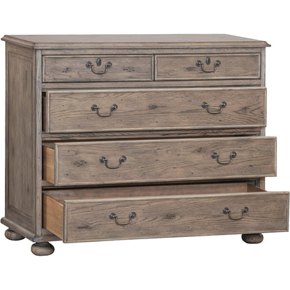 Arcadian 5-Drawer Chest by Fairfield Chair in brown and burnished oak. Made from white oak solids, veneers in a unique style.