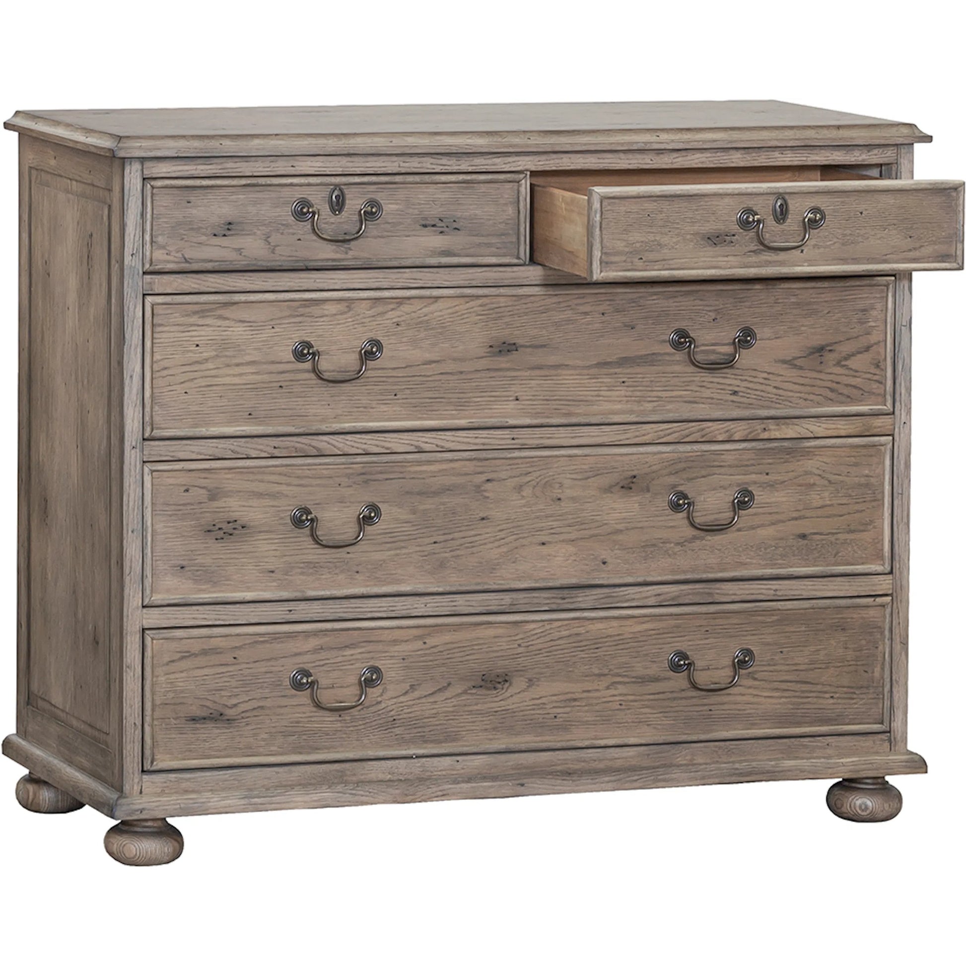Arcadian 5-Drawer Chest by Fairfield Chair in brown and burnished oak. Made from white oak solids, veneers in a unique style.