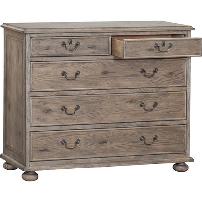 Arcadian 5-Drawer Chest by Fairfield Chair in brown and burnished oak. Made from white oak solids, veneers in a unique style.