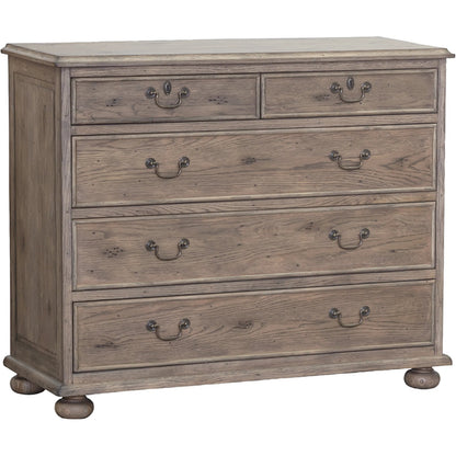 Arcadian 5-Drawer Chest by Fairfield Chair in brown and burnished oak. Made from white oak solids, veneers in a unique style.