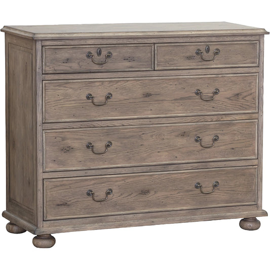 Arcadian 5-Drawer Chest by Fairfield Chair in brown and burnished oak. Made from white oak solids, veneers in a unique style.