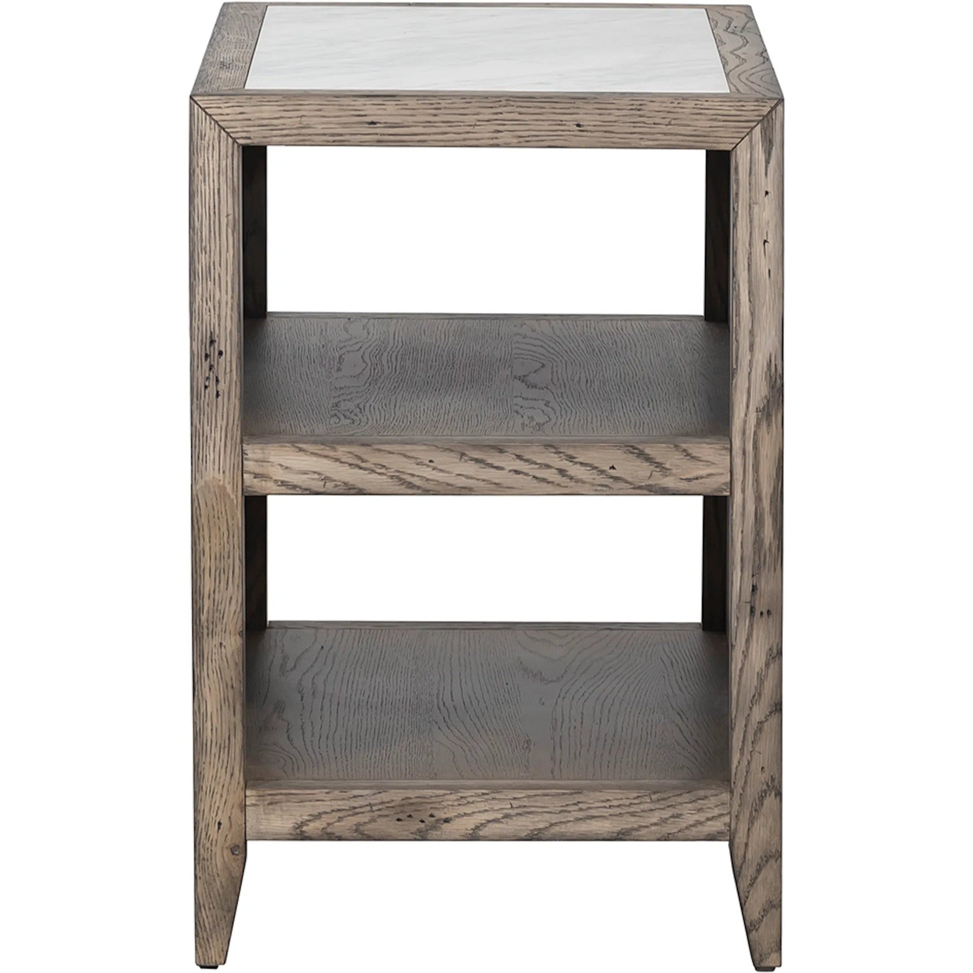 Arcadian Rectangular End Table by Fairfield Chair in brown and burnished oak. Made from white oak solids, veneers, carrara marble in a unique style.