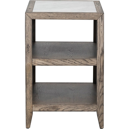 Arcadian Rectangular End Table by Fairfield Chair in brown and burnished oak. Made from white oak solids, veneers, carrara marble in a unique style.