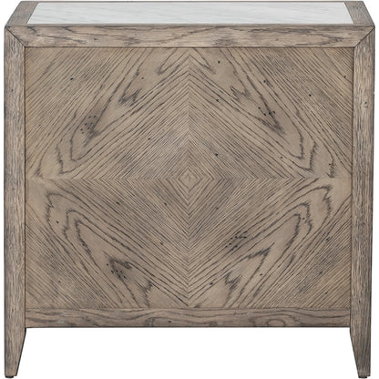 Arcadian Rectangular End Table by Fairfield Chair in brown and burnished oak. Made from white oak solids, veneers, carrara marble in a unique style.