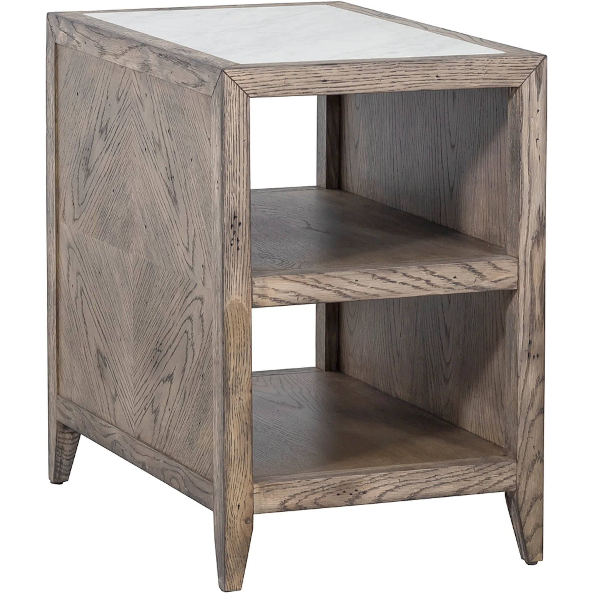 Arcadian Rectangular End Table by Fairfield Chair in brown and burnished oak. Made from white oak solids, veneers, carrara marble in a unique style.