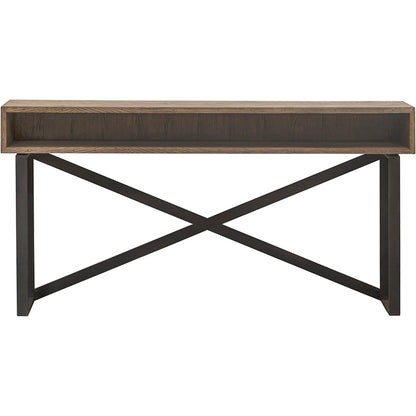Arcadian Open Storage Console Table by Fairfield Chair in brown and burnished oak. Made from white oak solids, veneers, metal in a unique style.