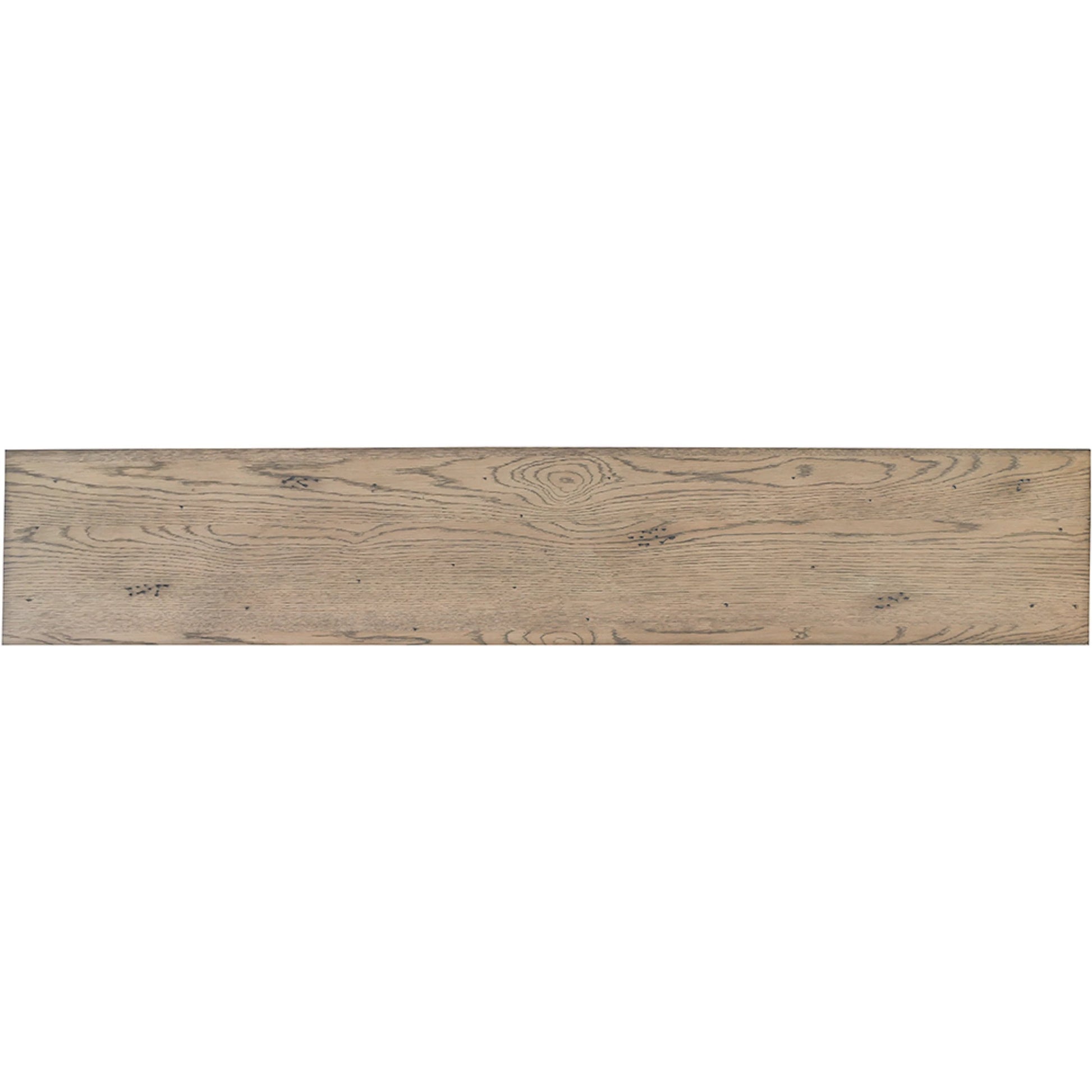Arcadian Open Storage Console Table by Fairfield Chair in brown and burnished oak. Made from white oak solids, veneers, metal in a unique style.