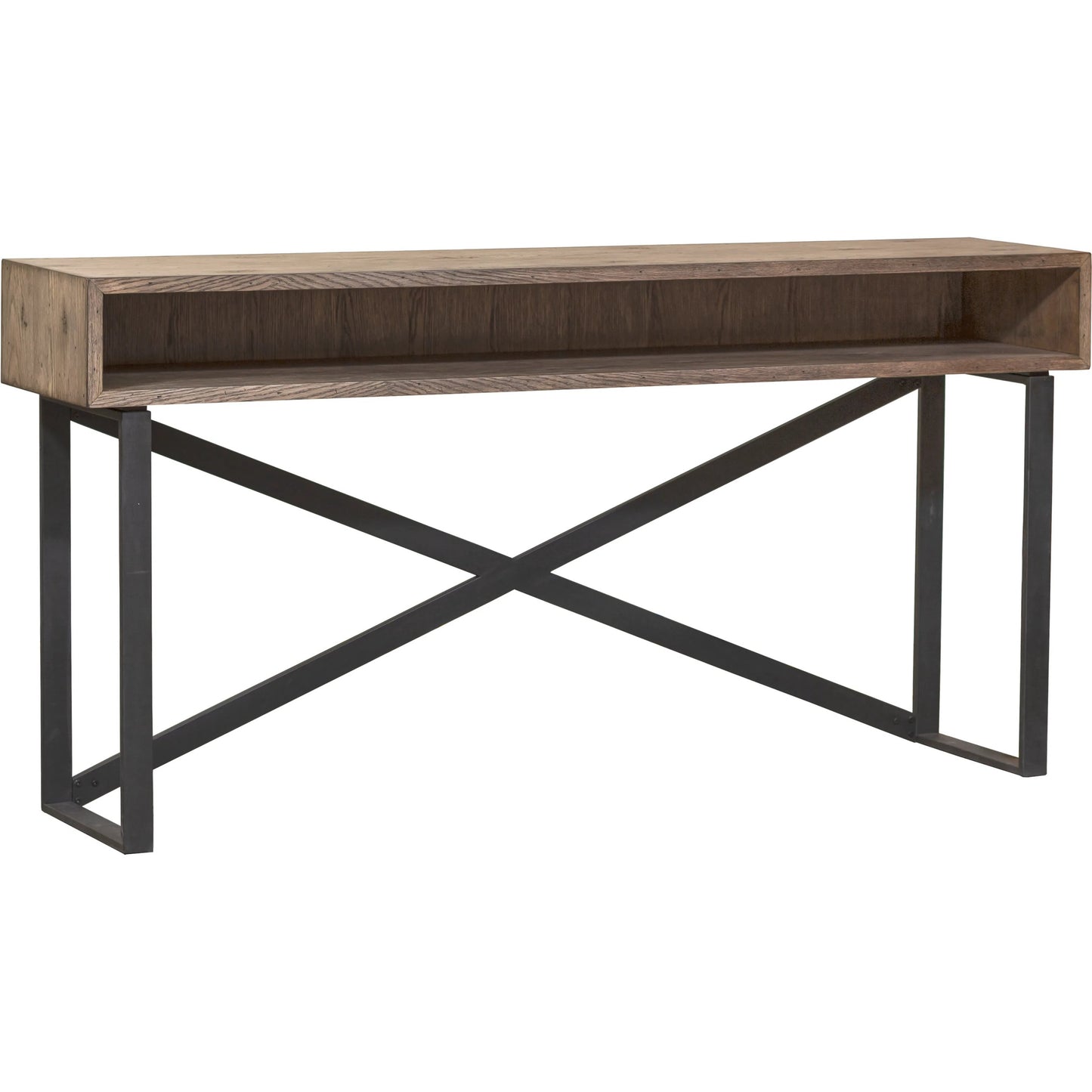 000 SI-2635828 | Primary Silo | Arcadian Open Storage Console Table by Fairfield Chair in brown and burnished oak. Made from white oak solids, veneers, metal in a unique style.