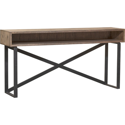 Arcadian Open Storage Console Table by Fairfield Chair in brown and burnished oak. Made from white oak solids, veneers, metal in a unique style.